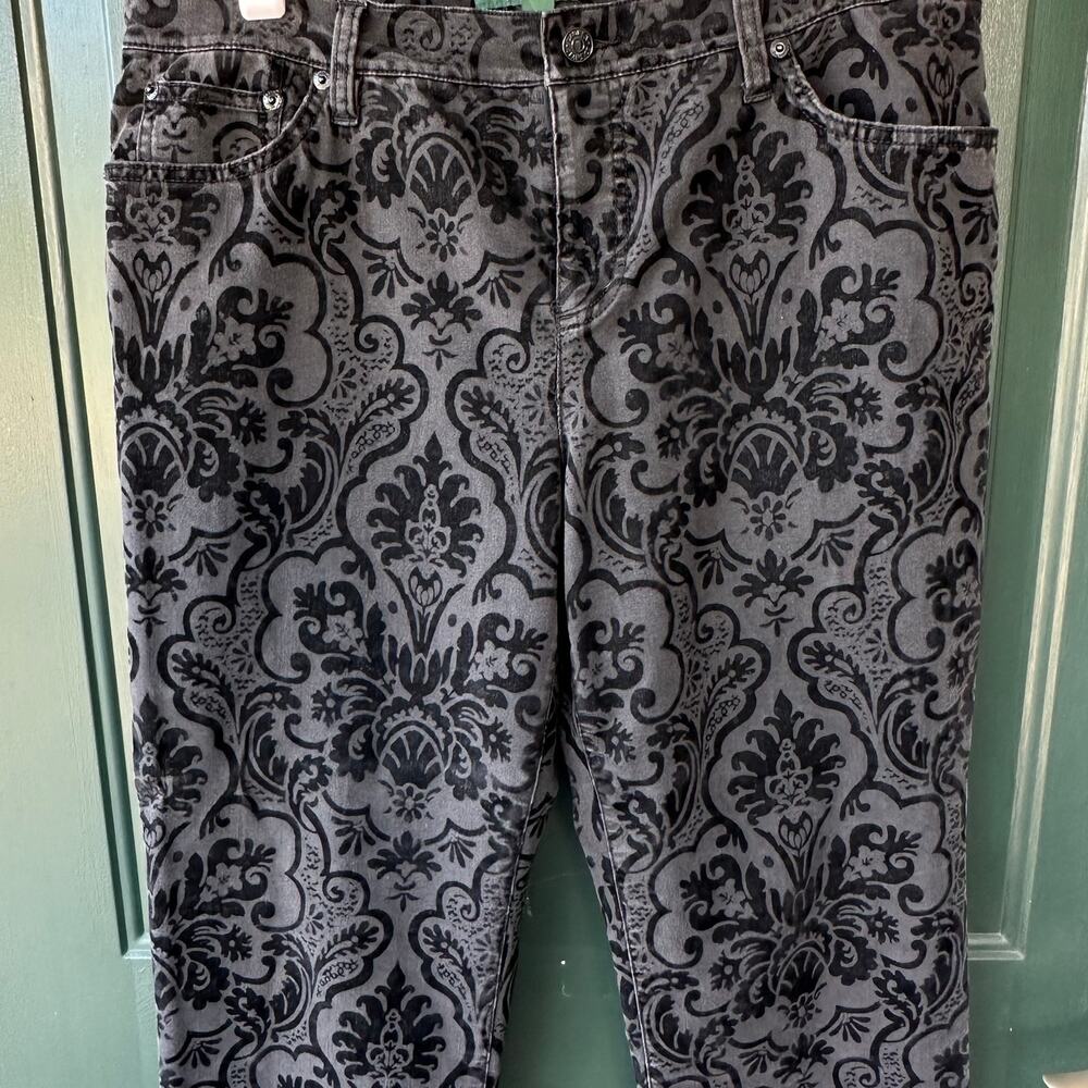 LRL Lauren Jeans Co Gothic Flocked Scroll Denim Pants Dark Gray Black Size 14